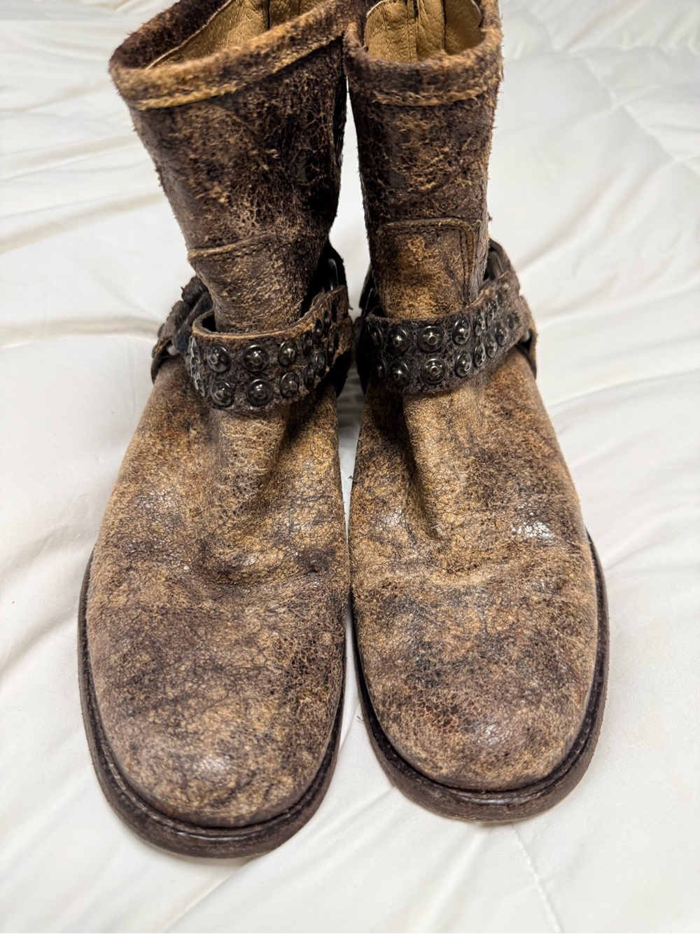 Frye Philip Moto Studded Distressed Brown Leather Ankle Boots - Picture 3 of 16